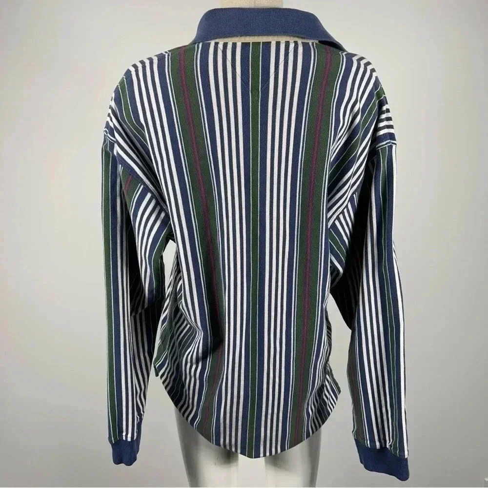 Vintage 90s Tommy Hilfiger Striped Long Sleeve Polo Shirt Black White Green Blue - Picture 4 of 12